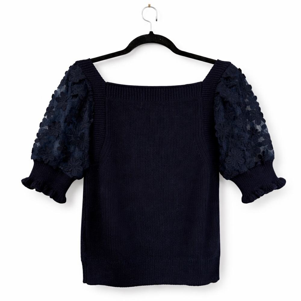 Industry Navy Knit Sweater with Embroidered Lace Puff Sleeves – Size L - Picture 2 of 5